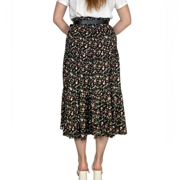 SO Large New with Tags High Rise Black & Pink Floating Floral Print Midi Skirt - Picture 5 of 10